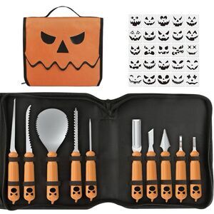 Halloween Pumpkin Carving Set 10Pcs Stainless Steel with Bag and Stencil Kit